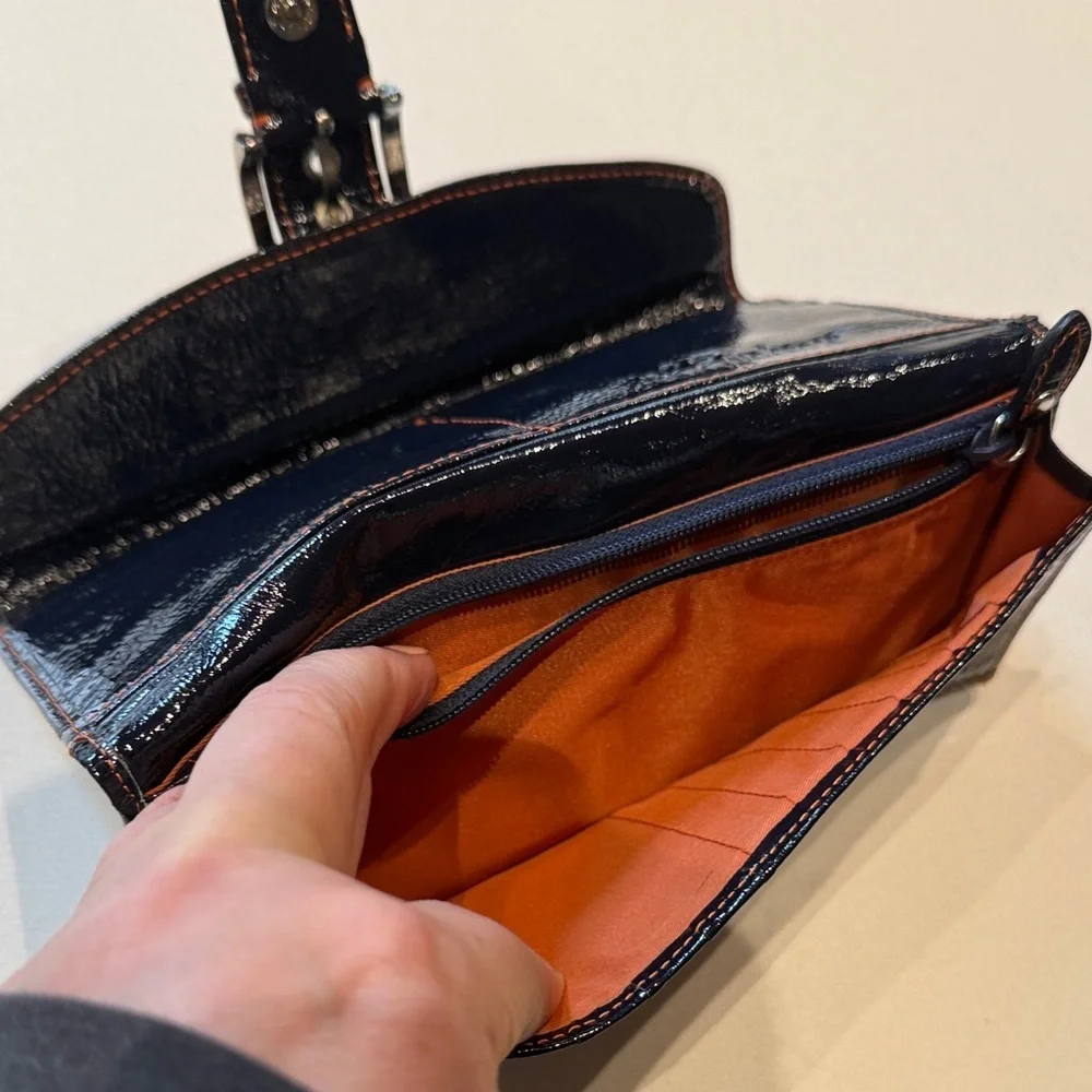 L. Erickson Trifold Envelope Style Patent Leather Black Clutch with Buckle